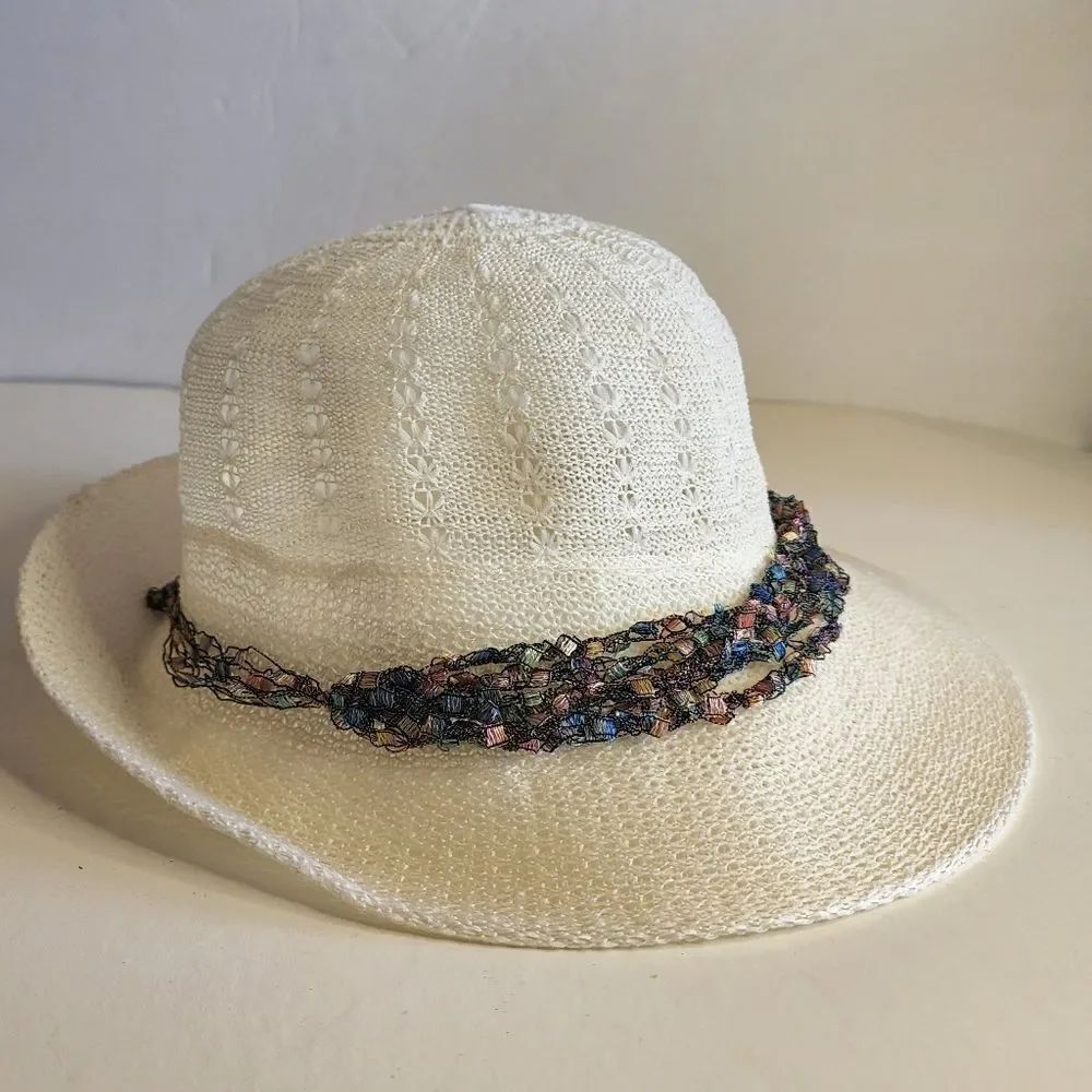 Sun hat fedora vacation beach off white accent with multi color band one size